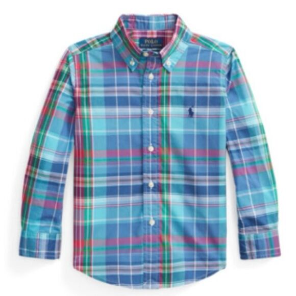 Ralph Lauren Boys Toddler Kids Long Sleeve Plaid Button Up Poplin Shirt. 5. 5T. - Picture 1 of 5
